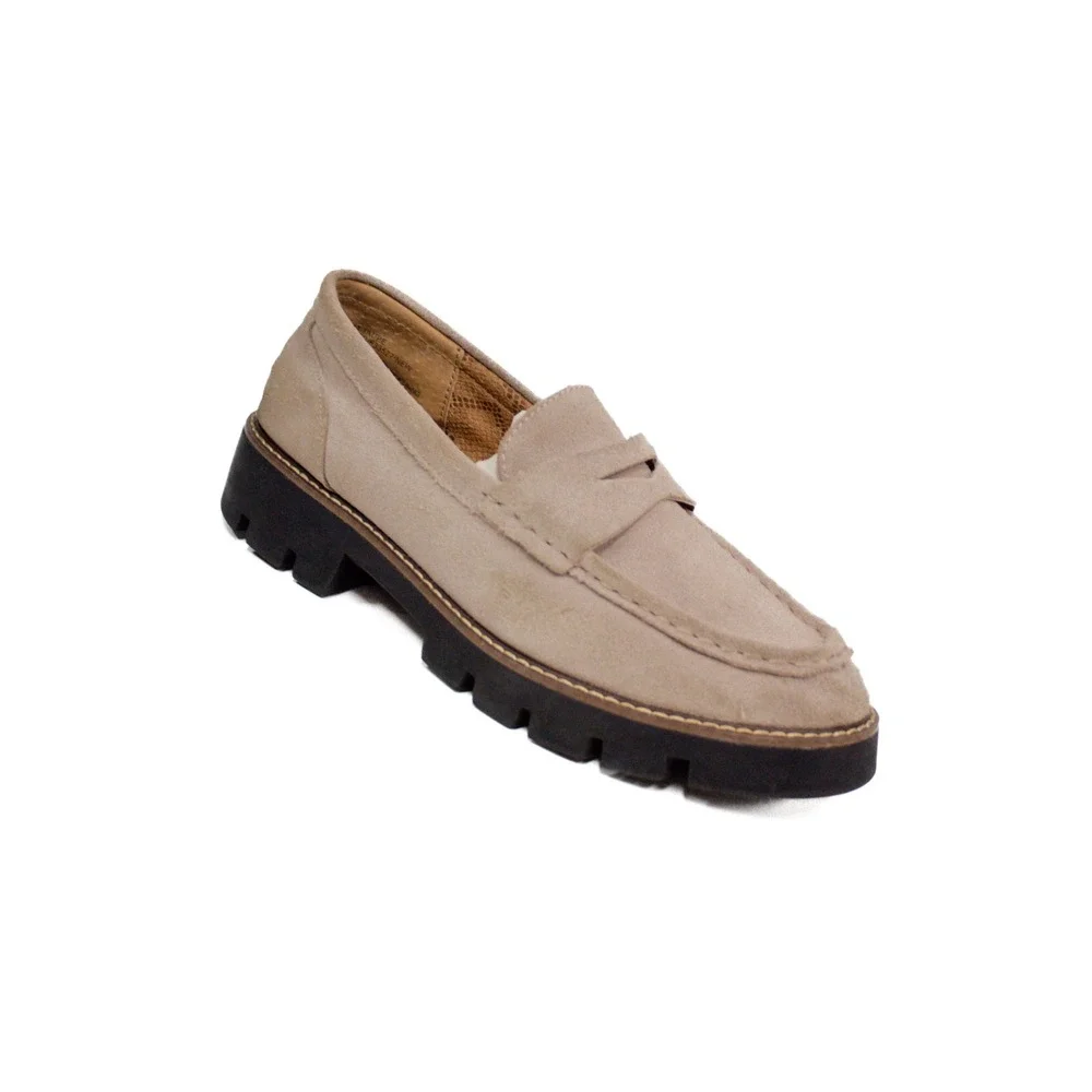 House of Harlow 1960 Gunner Penny Loafer Light Taupe Suede Lug Sole 9M-F33527